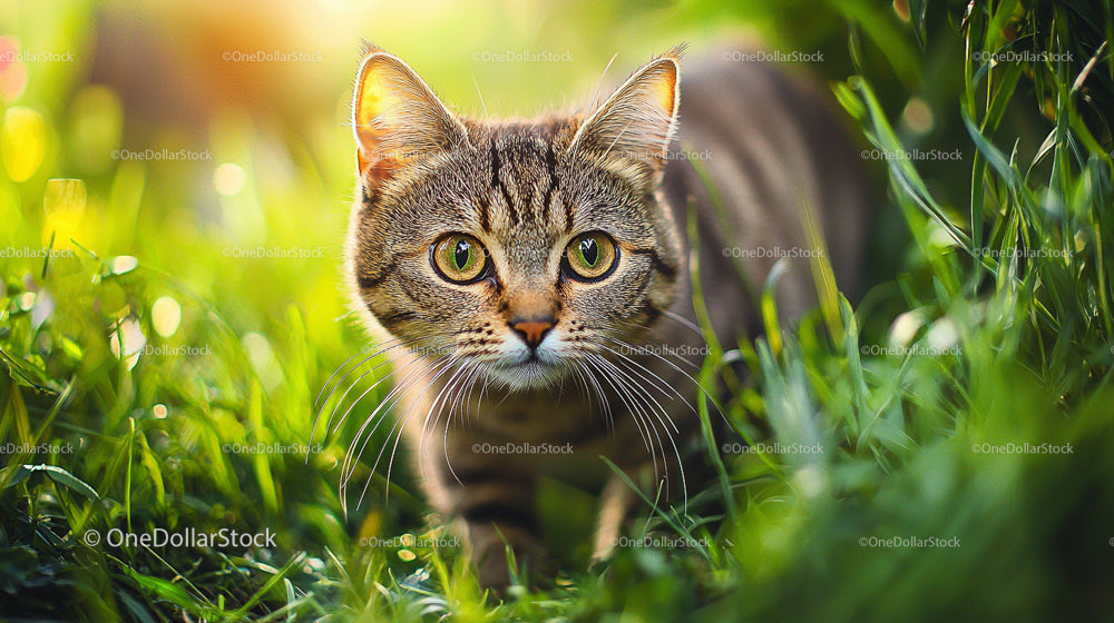 Curious Tabby Cat Walking Through the Grass