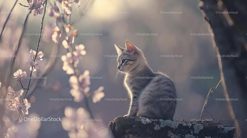 Tabby Kitten Amidst Blooming Cherry Blossoms in Soft Light