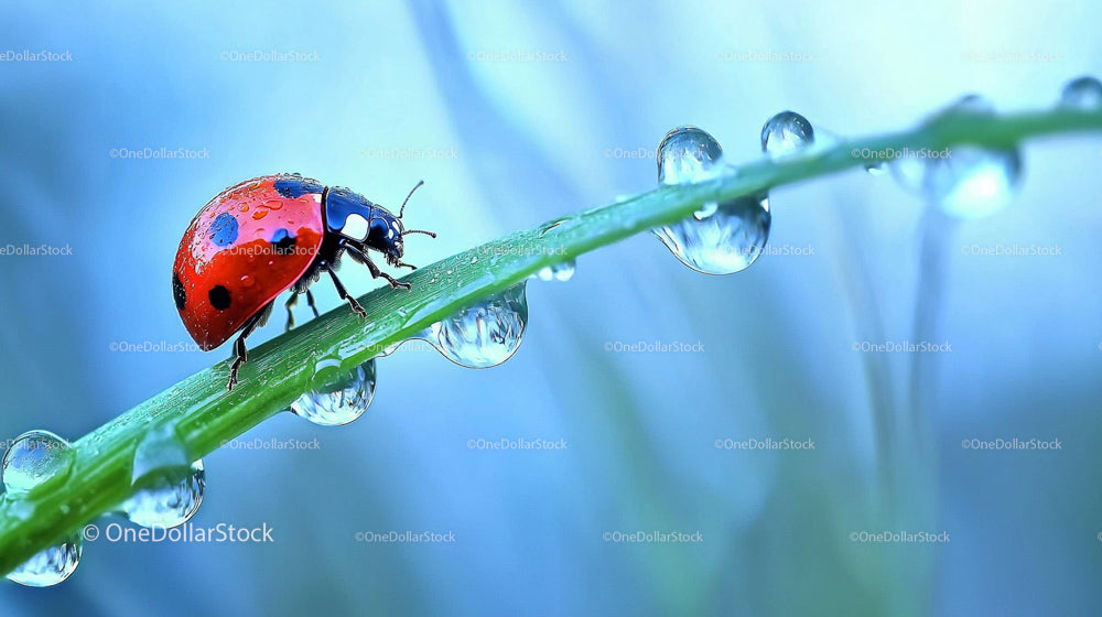 Ladybug on Dew-Covered Grass in Morning Light