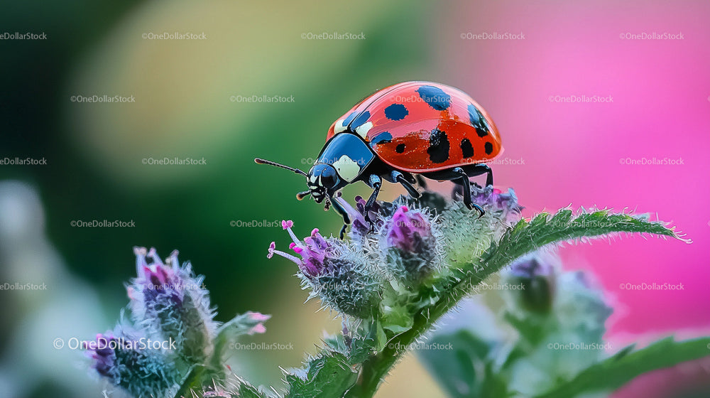 Vibrant Ladybug Resting on Flower in Lush Garden
