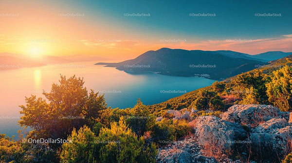 Breathtaking Sunset Over Tranquil Coastal Landscape