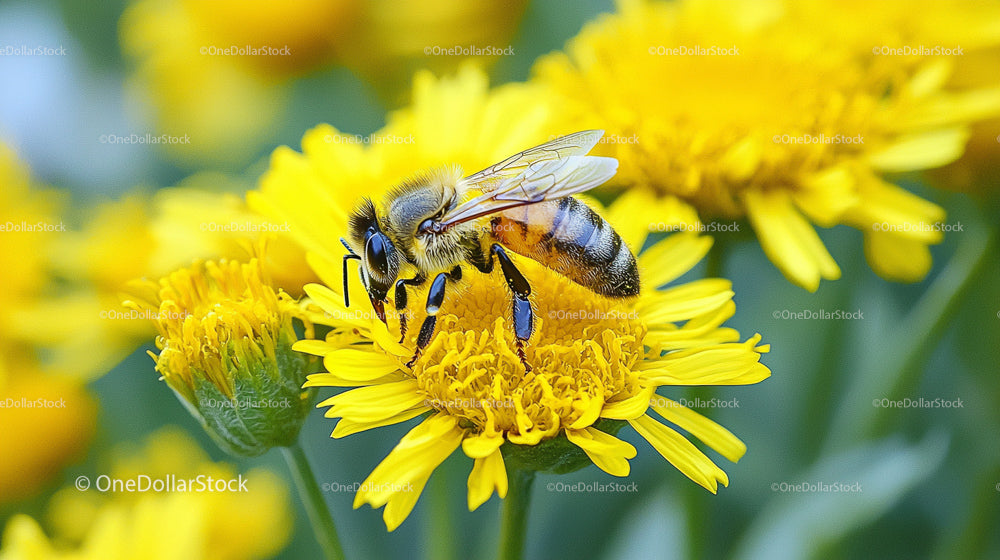 Honey Bee Pollinating Bright Yellow Flowers in Summer