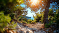 Sunlit Path Through Pine Forest Overlooking Blue Sea