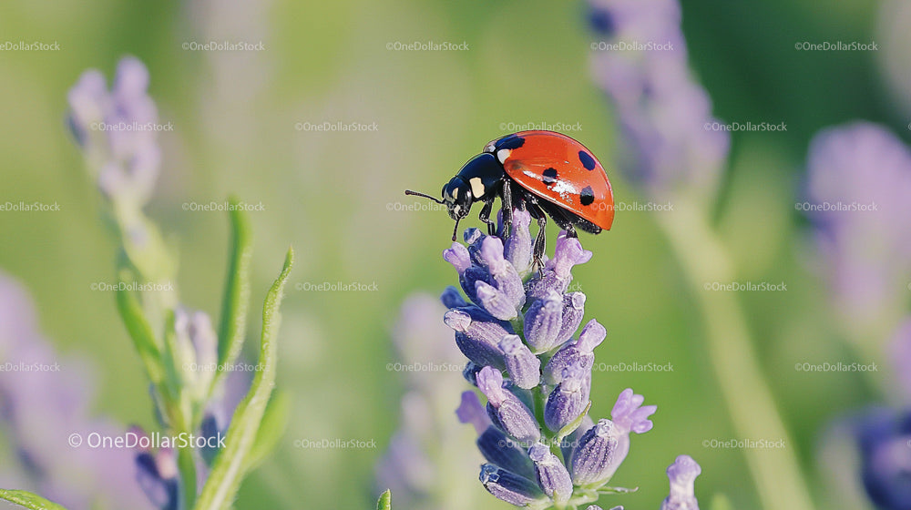 Ladybug Resting on Vibrant Purple Lavender Blossom