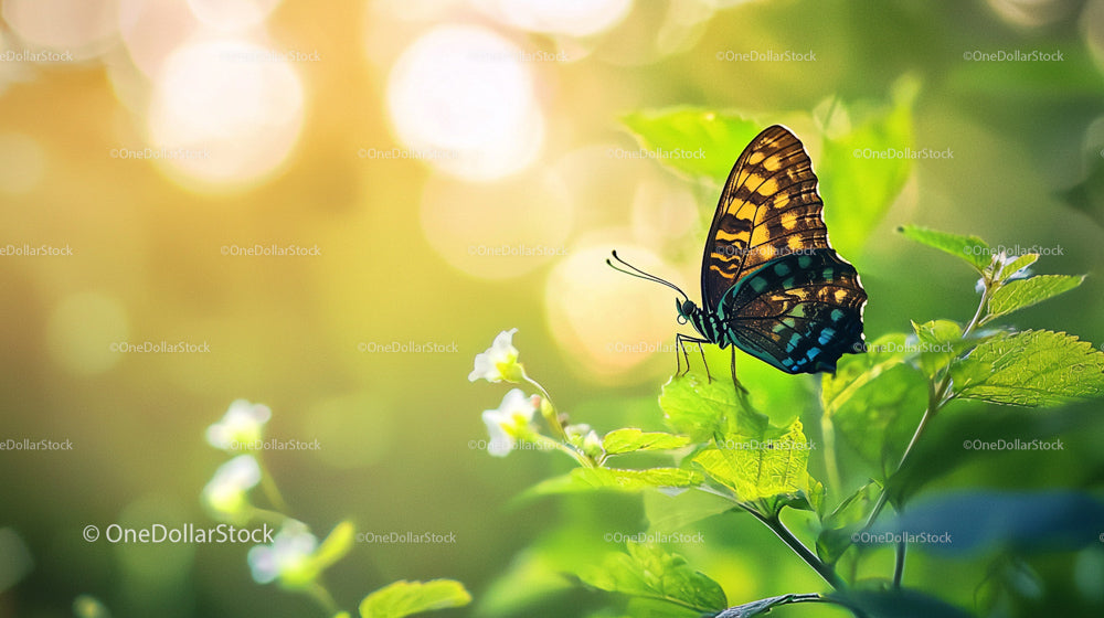 Colorful Butterfly Resting on Lush Greenery in Sunlight