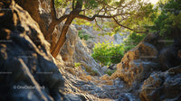 Sunlit Rocky Mountain Path with Lush Greenery