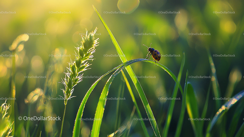 Ladybug on Dewy Grass in Gentle Morning Light