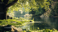 Serene Riverbank with Lush Greenery and Sunlight Reflections