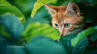 Curious Ginger Kitten Exploring Green Foliage