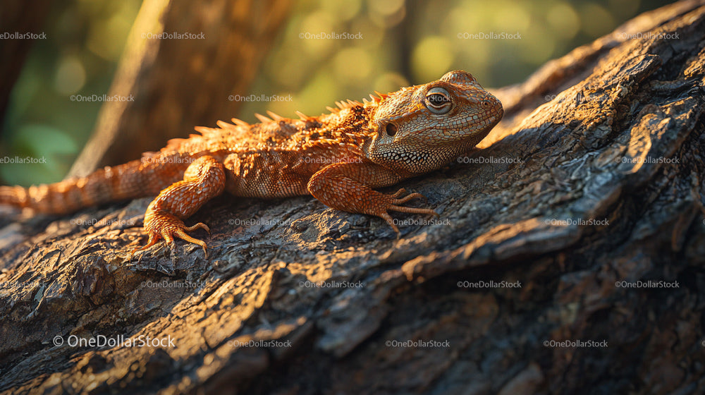 Bearded Dragon Basking in the Sun on Tree Bark