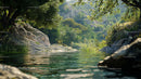 Tranquil Riverbank Scene with Lush Green Foliage