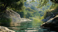 Tranquil Riverbank Scene with Lush Green Foliage