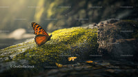 Butterfly Resting on Mossy Rock in Dappled Sunlight