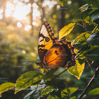 Vibrant Butterfly Resting on Sunlit Green Leaves