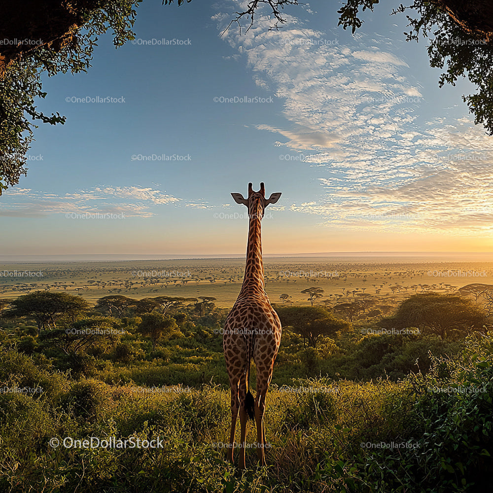 Giraffe Gazing at Sunset Over the African Savanna