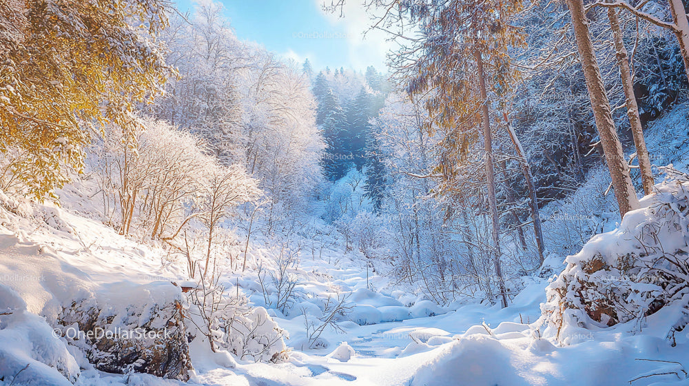 Snow-covered Forest with Sunlight Filtering Through Trees