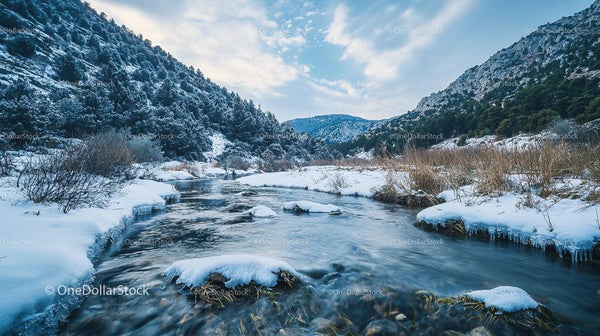 Serene Winter Landscape with Snowy Mountains and Icy Stream