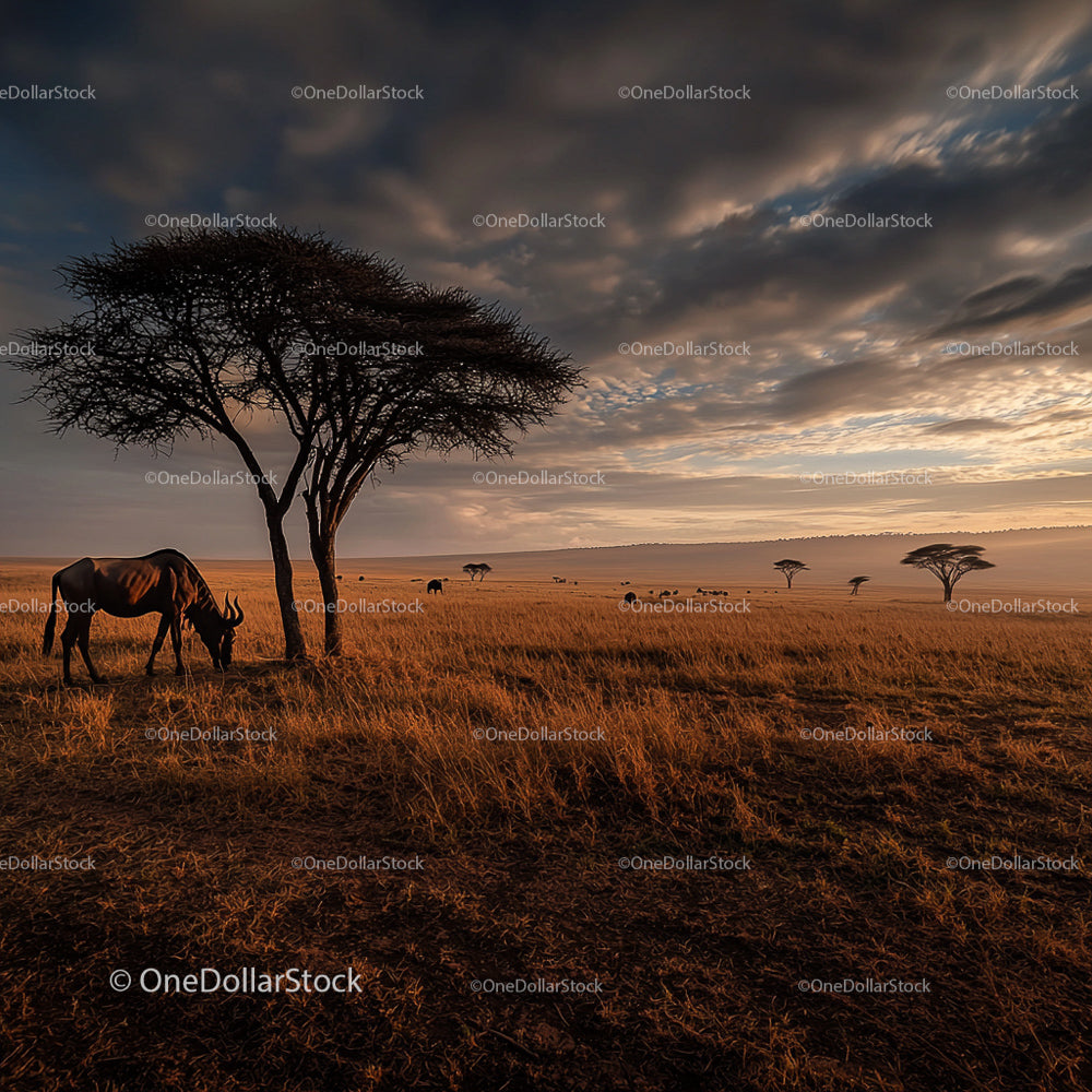Serengeti Savannah at Sunset with Grazing Wildebeest