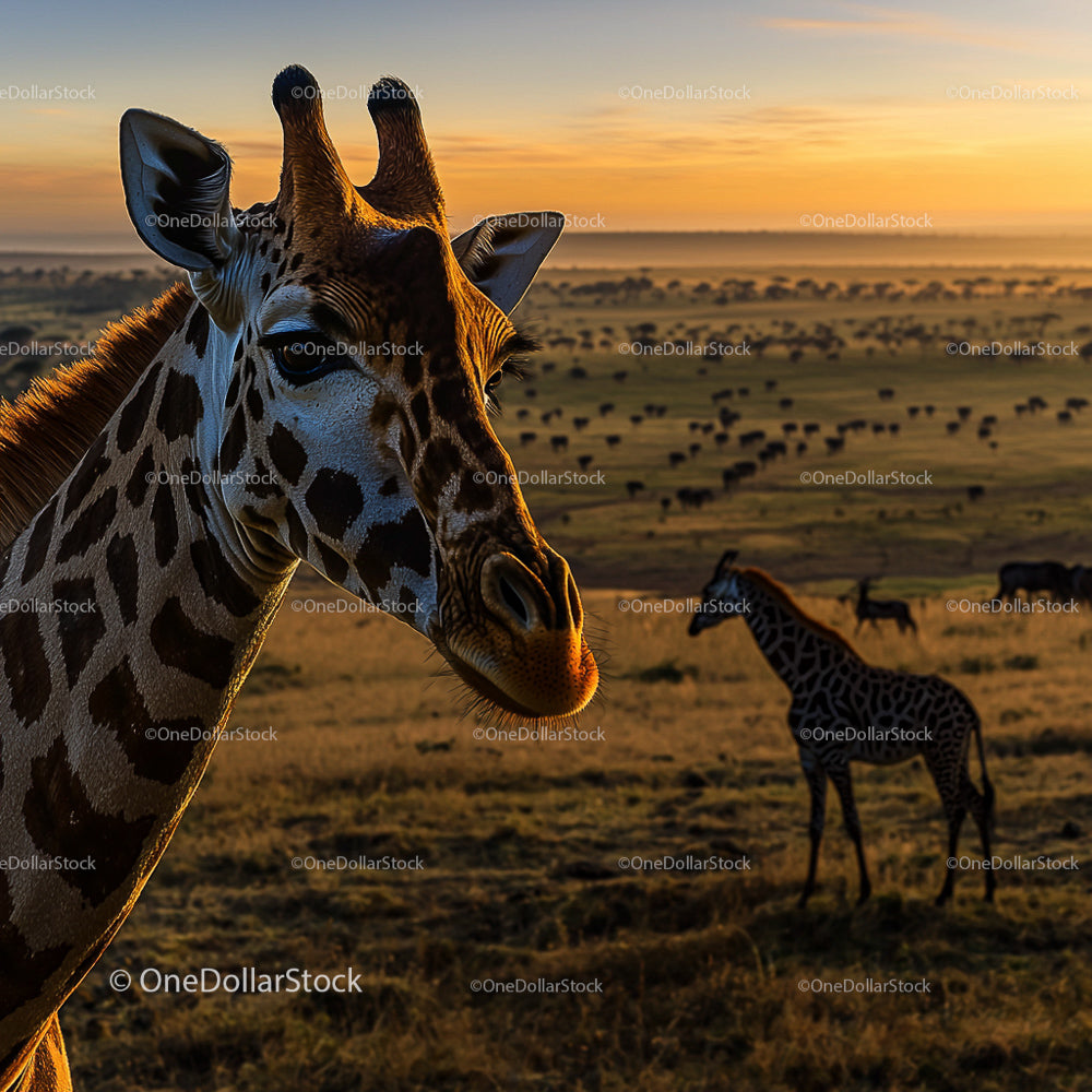 Giraffe Grazing at Sunset on the African Savannah
