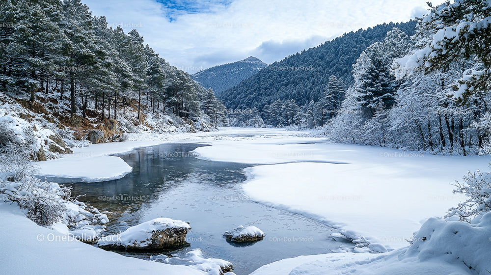 Serene Winter Landscape with Snow-Covered Trees and Icy River