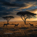 Zebras Grazing Under Acacia Trees at Sunset in African Savannah