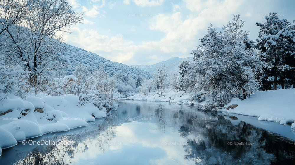 Tranquil Winter River Amid Snow-Covered Trees and Mountains