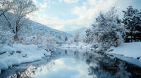 Tranquil Winter River Amid Snow-Covered Trees and Mountains