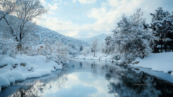 Tranquil Winter River Amid Snow-Covered Trees and Mountains