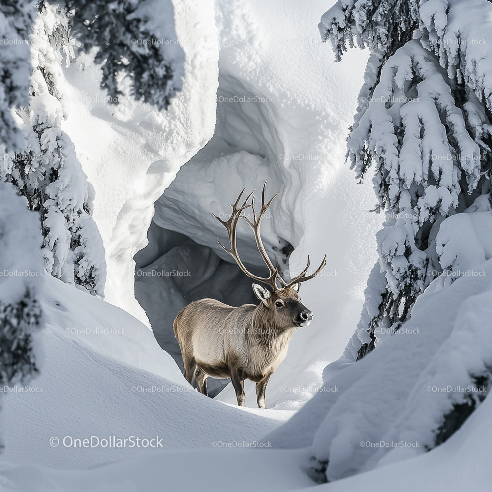 Reindeer in a Snowy Winter Landscape with Frosty Trees