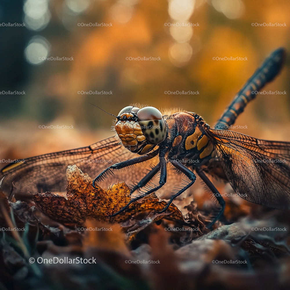 Close-Up of Dragonfly on Autumn Leaves