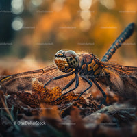 Close-Up of Dragonfly on Autumn Leaves