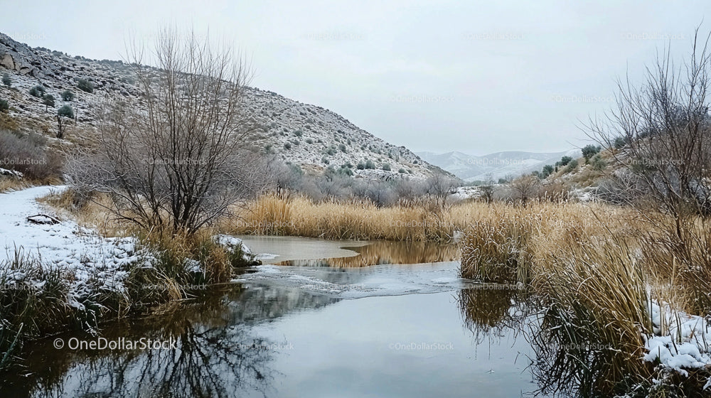 Serene Winter River and Snow-Covered Hillside