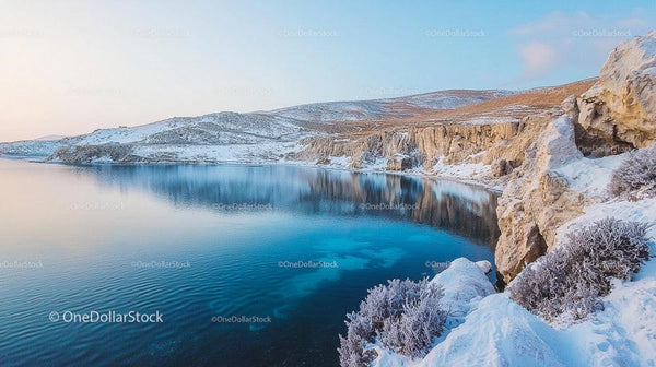 Snowy Cliffs and Tranquil Winter Lake Scenery
