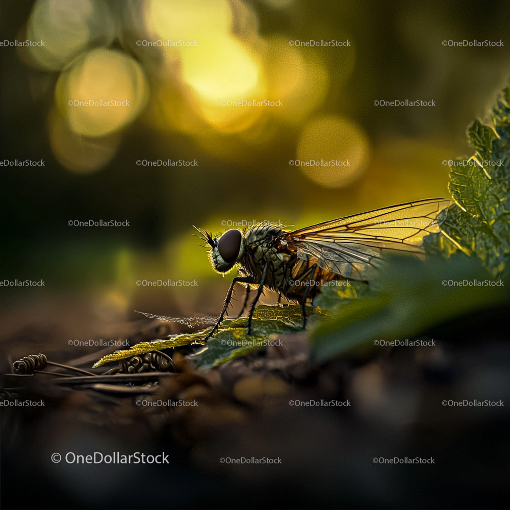 Detailed Fly on Leaf with Sunlit Bokeh Background