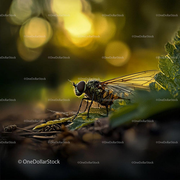 Szczegółowa mucha na liściu z oświetlonym bokeh w tle