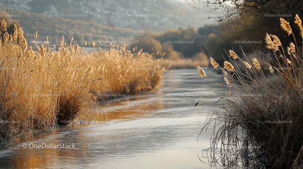 Tranquil River with Golden Reeds on a Winter Morning