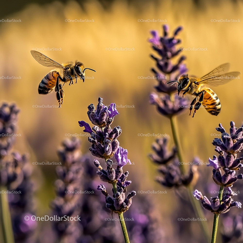 Honeybees Pollinating Lavender in Summer Sun