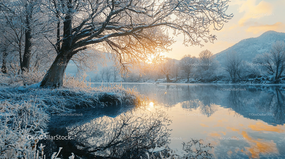 Winter Sunrise Over Frozen Lake with Snowy Trees and Reflections