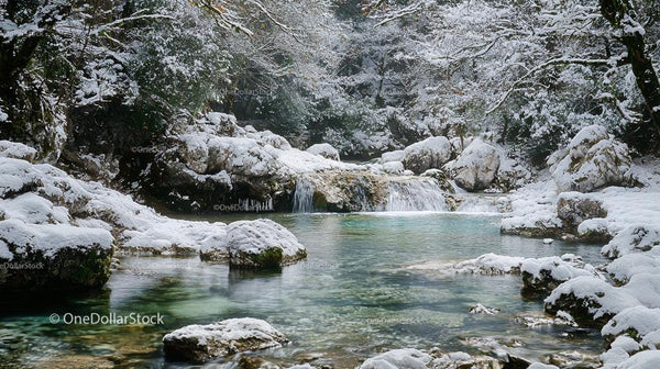Snowy Forest Stream with Waterfall in Serene Winter Landscape