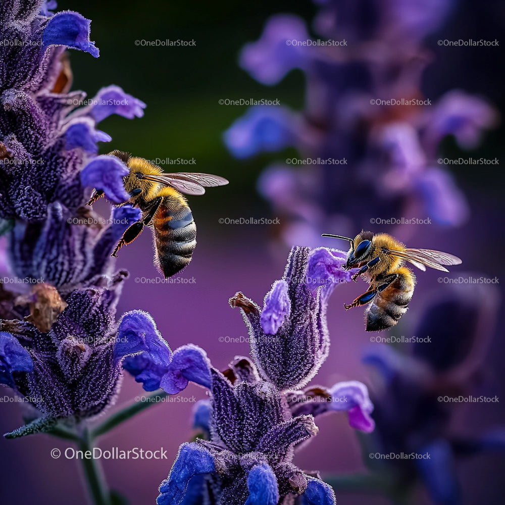 Bumblebees Pollinating Purple Lavender Flowers in Summer
