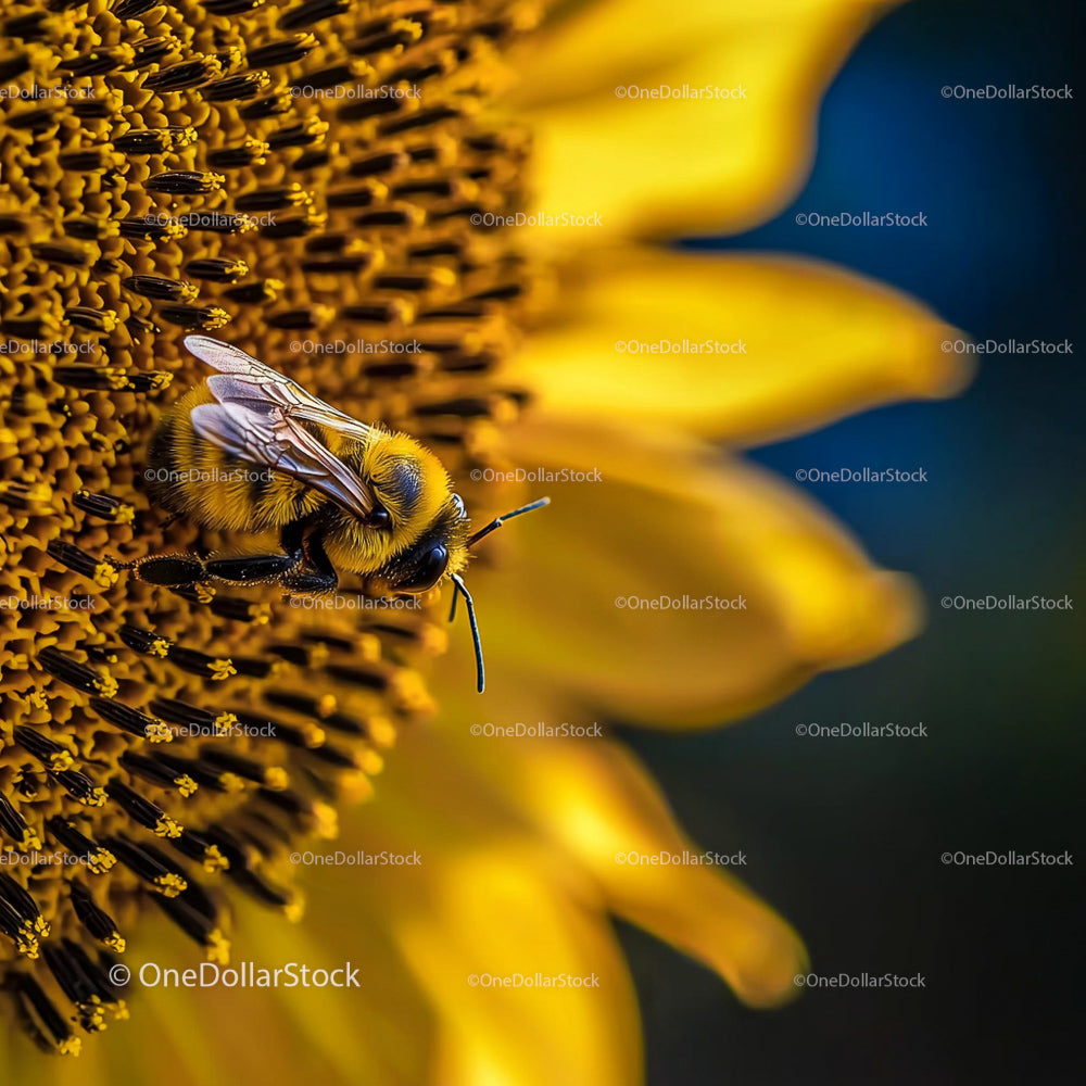 Bee Pollinating a Bright Yellow Sunflower in Close-Up View