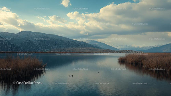 Scenic Lake with Mountains and Reeds Under Cloudy Sky