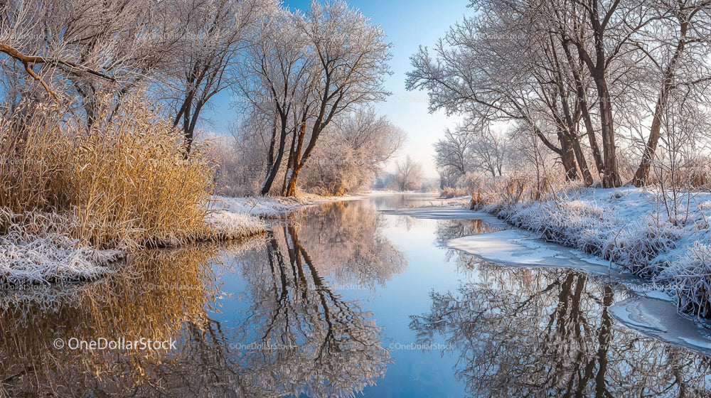Snow-Covered Riverbanks Reflecting Winter Trees