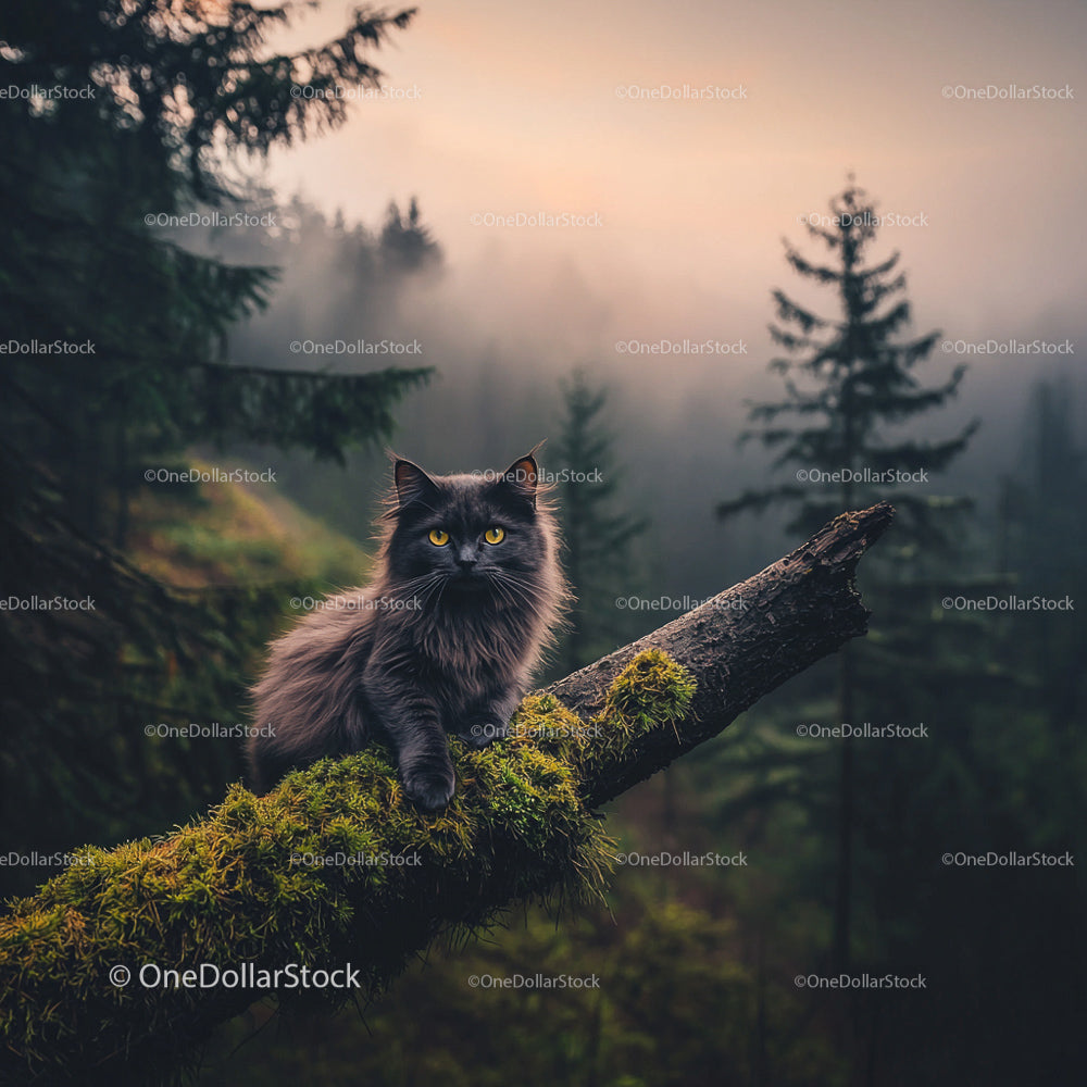 Mysterious Black Cat in a Misty Forest at Dawn