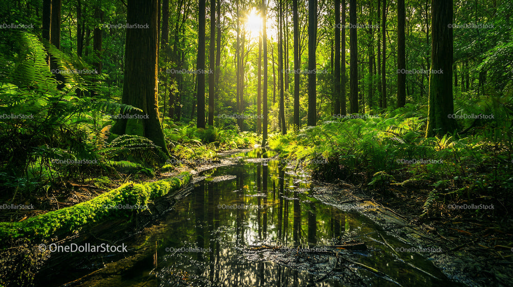 Sunlit Forest with Tranquil Stream in Lush Greenery