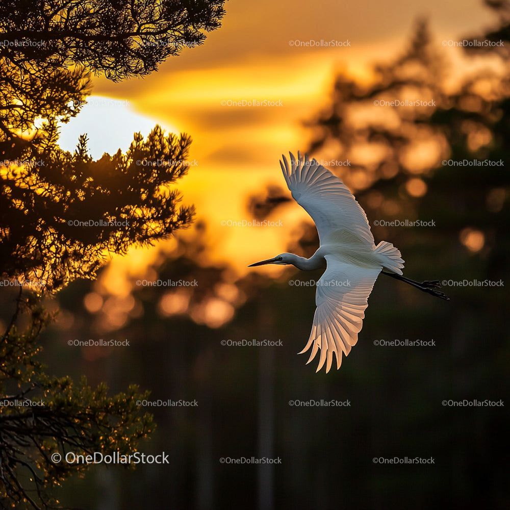 Elegant Heron in Flight at Golden Sunset