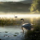 Graceful Swan in Misty Morning Light on Tranquil Lake
