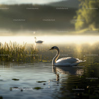 Graceful Swan in Misty Morning Light on Tranquil Lake
