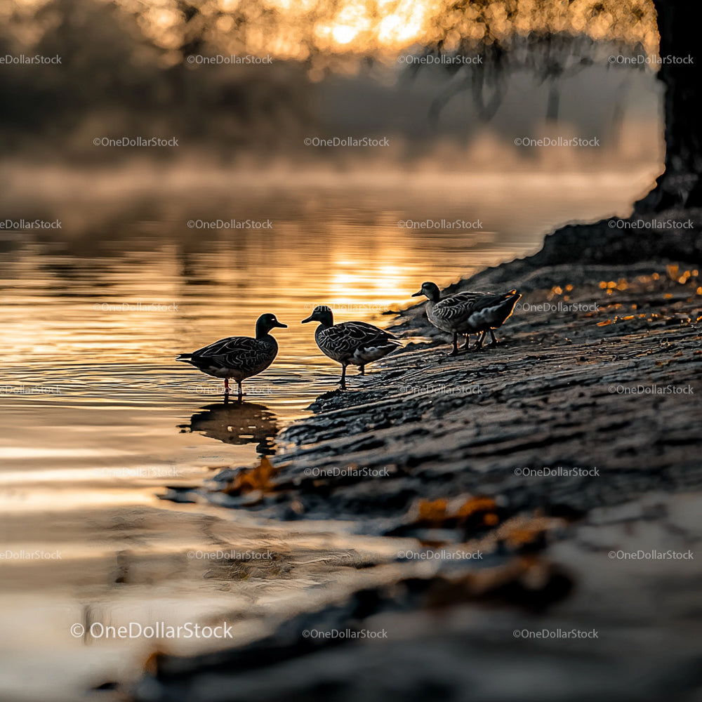 Ducks Silhouetted Against a Golden Sunset by the Lake