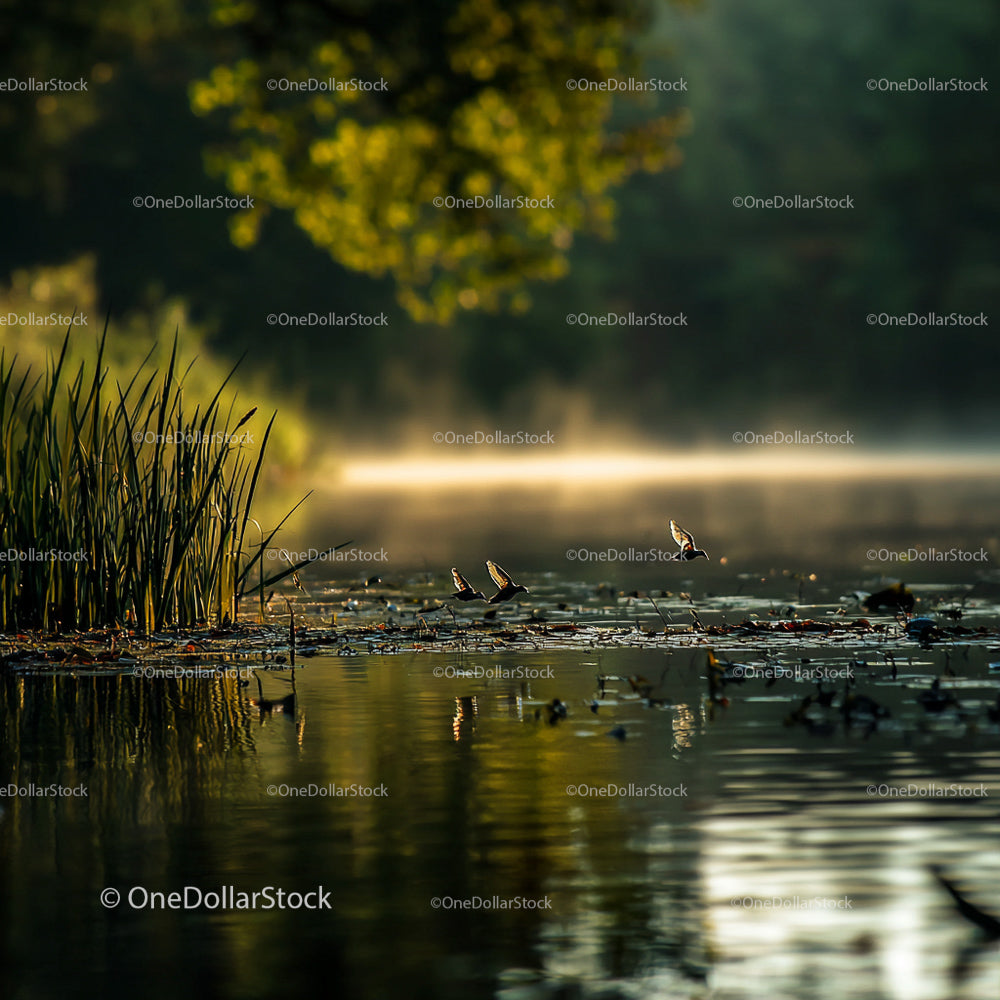 Serene Misty Lake with Waterfowl at Sunrise